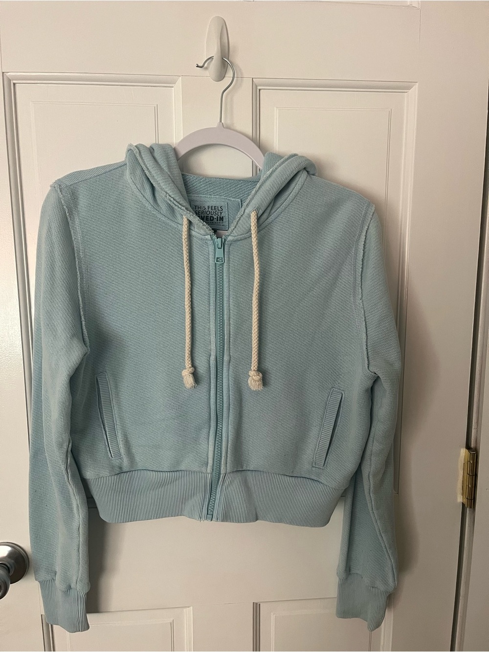 Light Blue Cropped Zip Hoodie with Drawstring